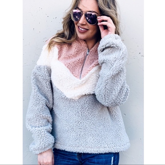 #16 Cozy Vegan Fur Color Block Hoodie Sweater Top - Picture 4 of 4